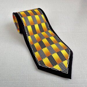 Vintage 1980s Silk Tie, Yellow Black Checkered Necktie, Geometric Wide Tie 3.75”